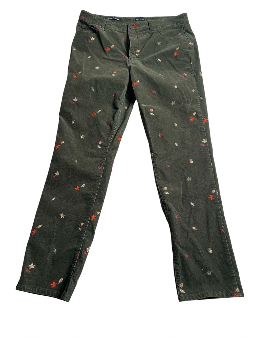 Talbots Olive Green Corduroy Straight-Leg Jeans with Floral Embroidery